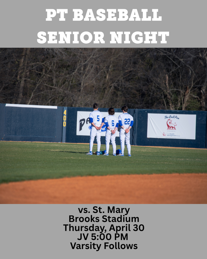 Four players in baseball uniforms stand on the infield of a baseball field. Text overlays announce Senior Night.