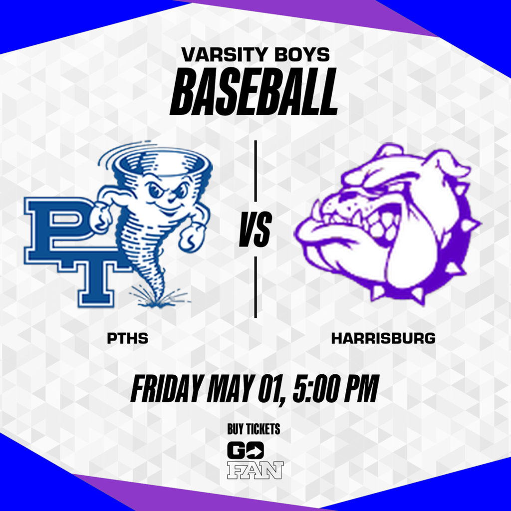 A sports poster with team logos, "PTH vs. HARRISBURG" and a date and time, "Friday May 01, 5:00 PM".