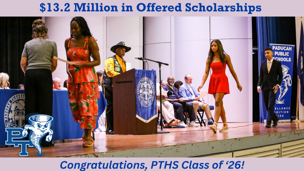 Graduates walk across stage; two in red dresses. Words above: "$13.2 Million in Offered Scholarships". Below: "Congratulations, PTH Class of '26!"