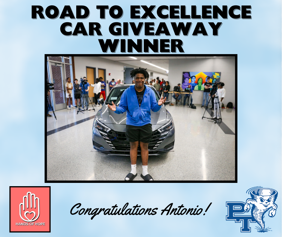 A person stands before a vehicle, arms raised, with text above and below reading "ROAD TO EXCELLENCE CAR GIVEAWAY WINNER" and "Congratulations Antonio!"