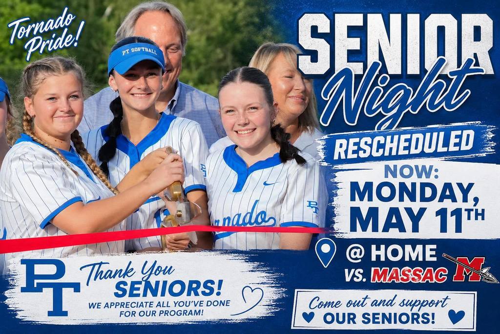 Group photo of young female athletes in white uniforms, holding a ribbon. Text reads "Senior Night Rescheduled Now: Monday, May 11th @ Home vs. Massac".