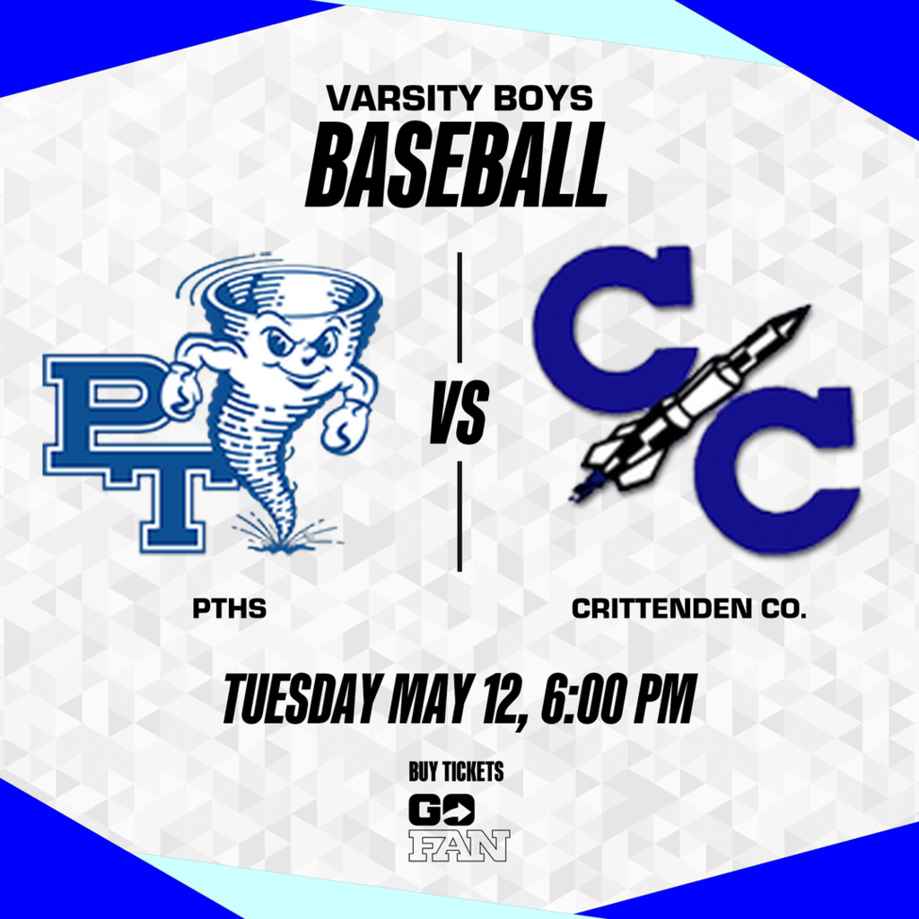 A sports event poster featuring logos of two teams, PTHS and Crittenden Co. It says "Varsity Boys Baseball" and "Tuesday May 12, 6:00 PM".