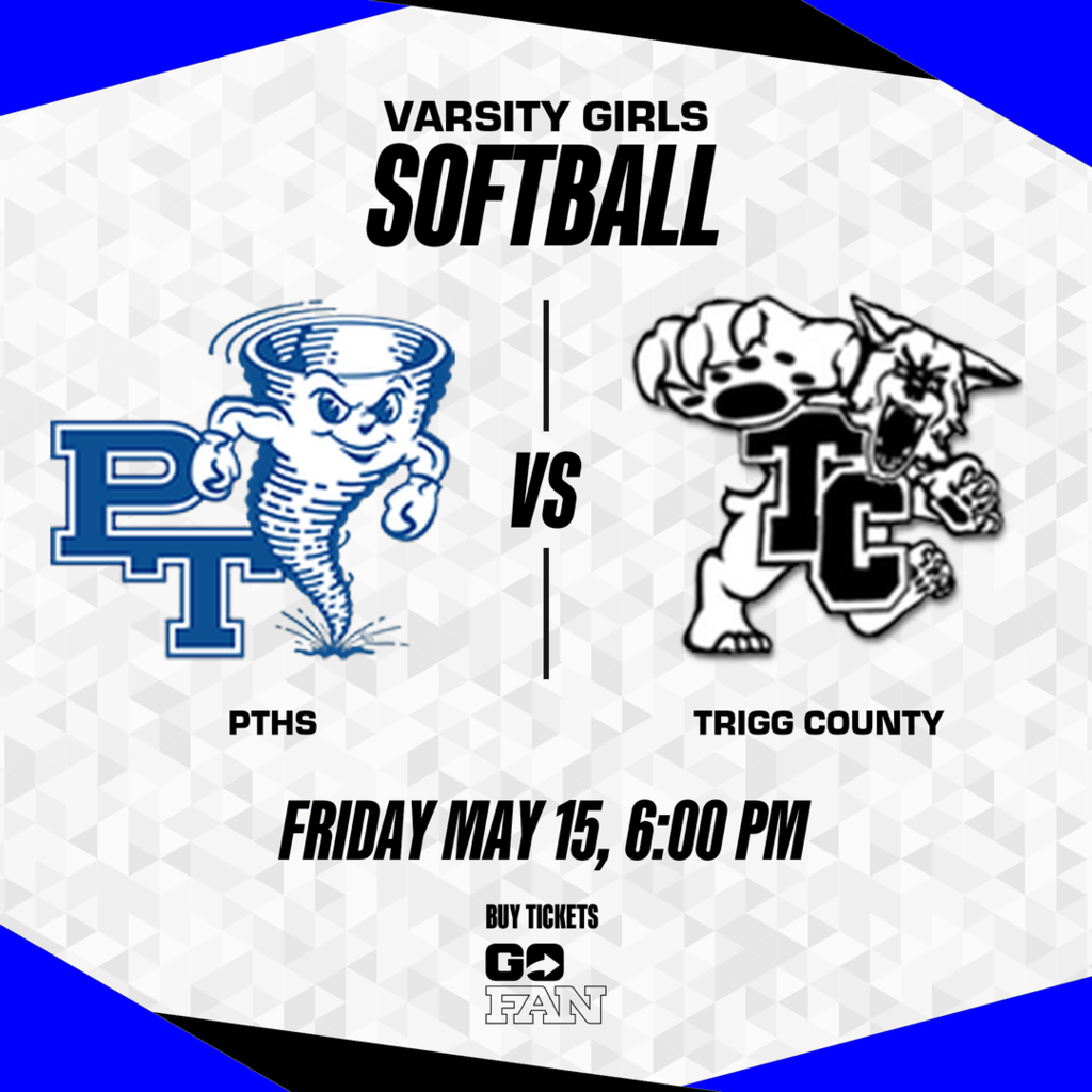 An announcement for a varsity girls' softball game. Logos for PTHS and Trigg County displayed. Date and time.