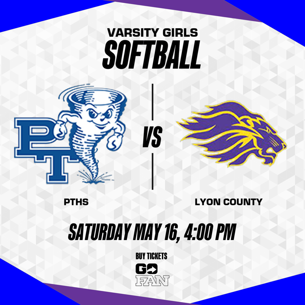 A sports event poster displays two teams: PTHS with a tornado and lion, and Lyon County with a lion.