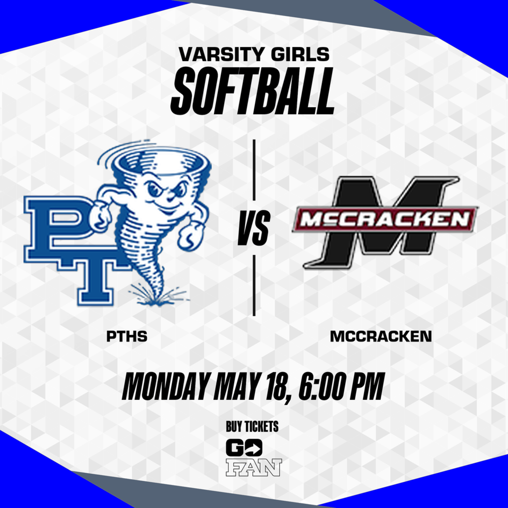A poster for a varsity girls softball match between PTHS and MCCRACKEN. The game is on Monday, May 18, at 6:00 PM.
