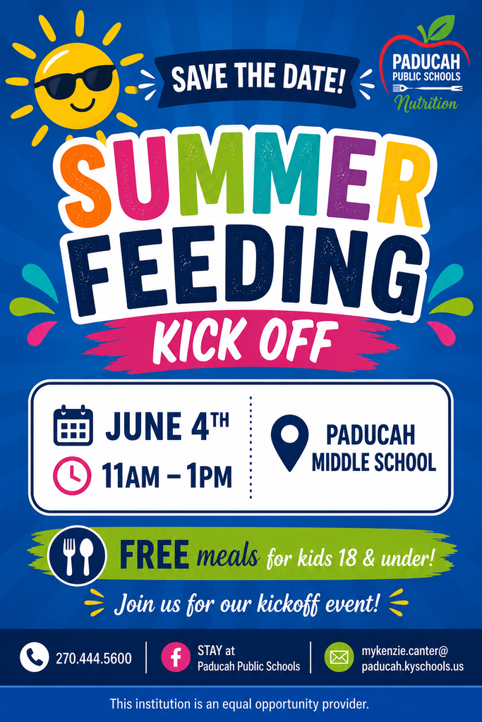 A blue background displays a flyer with bold text "SAVE THE DATE!" and "SUMMER FEEDING KICK OFF." The flyer includes a calendar, clock, and location pin.