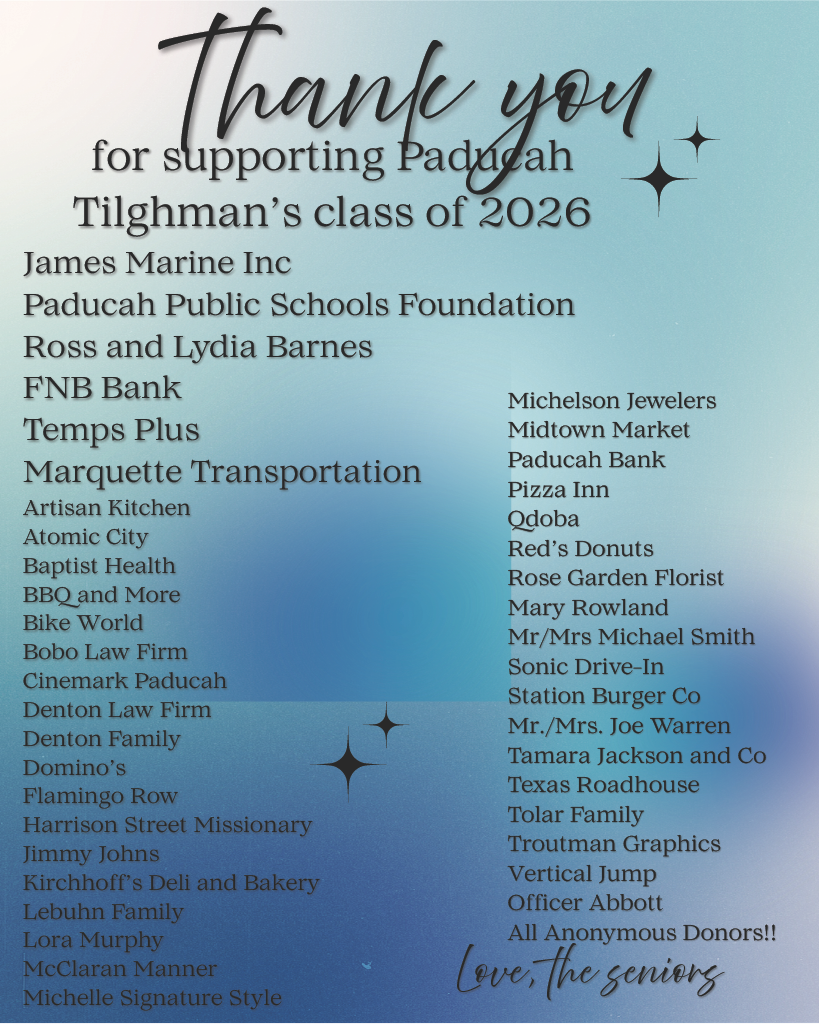 A poster lists sponsors for Paducah Tilghman's class of 2026. Sponsors include James Marine Inc, FNB Bank, and Atomic City.