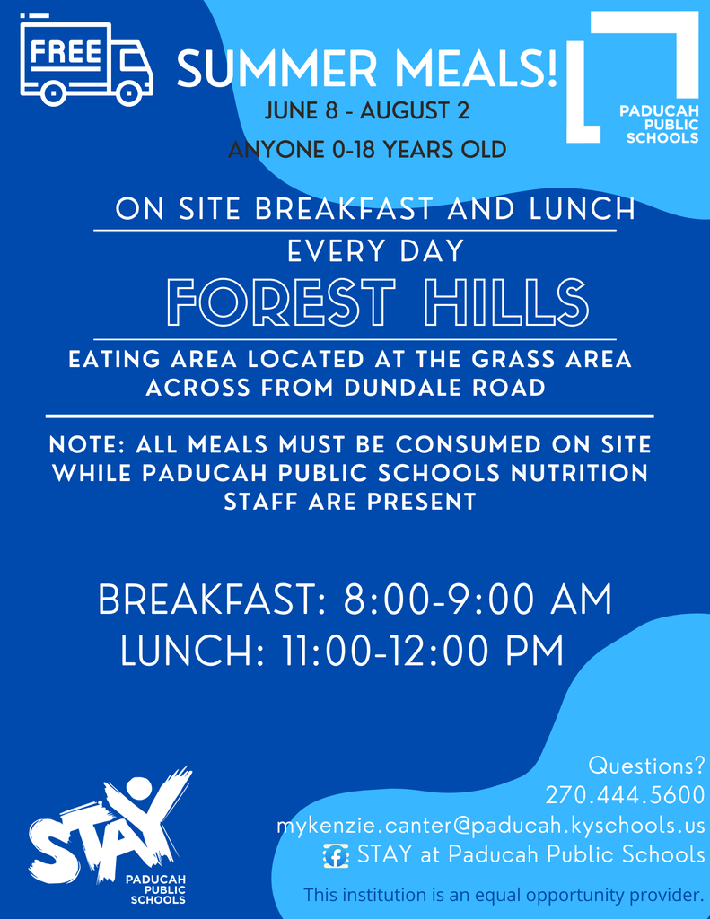 Poster with blue background and white text. It reads "Free Summer Meals! June 8-August 2. Anyone 0-18 years old."