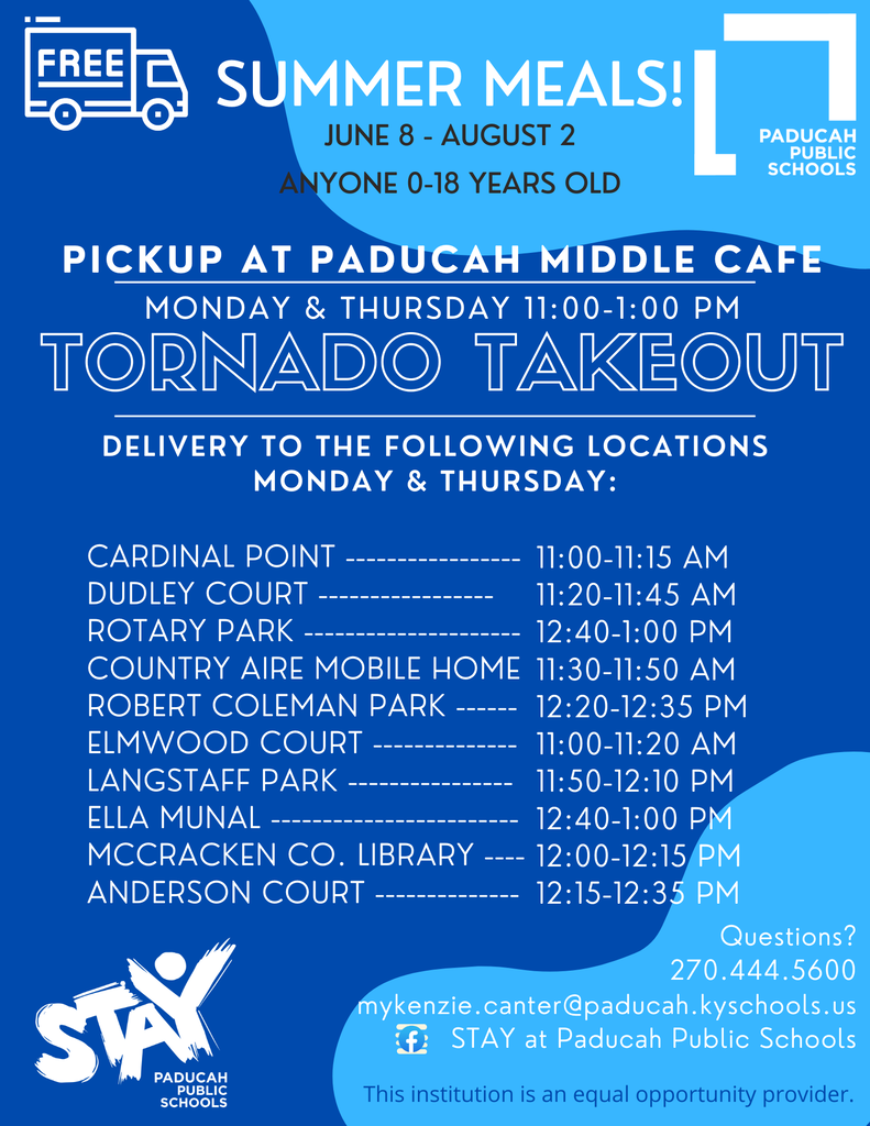 An announcement for free summer meals for children ages 0-18. Pick up at Paducah Middle Cafe from June 8 to August 2.