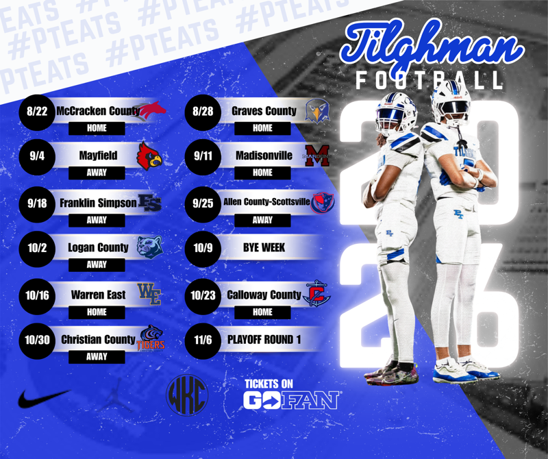 Poster with blue and white background. Two football players in white uniforms. Schedule of games from August to November.