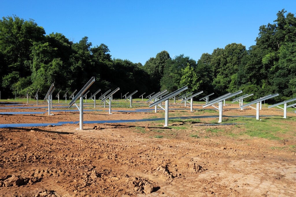 Multiple solar panels in a row on a dirt field, surrounded by trees and a clear sky.