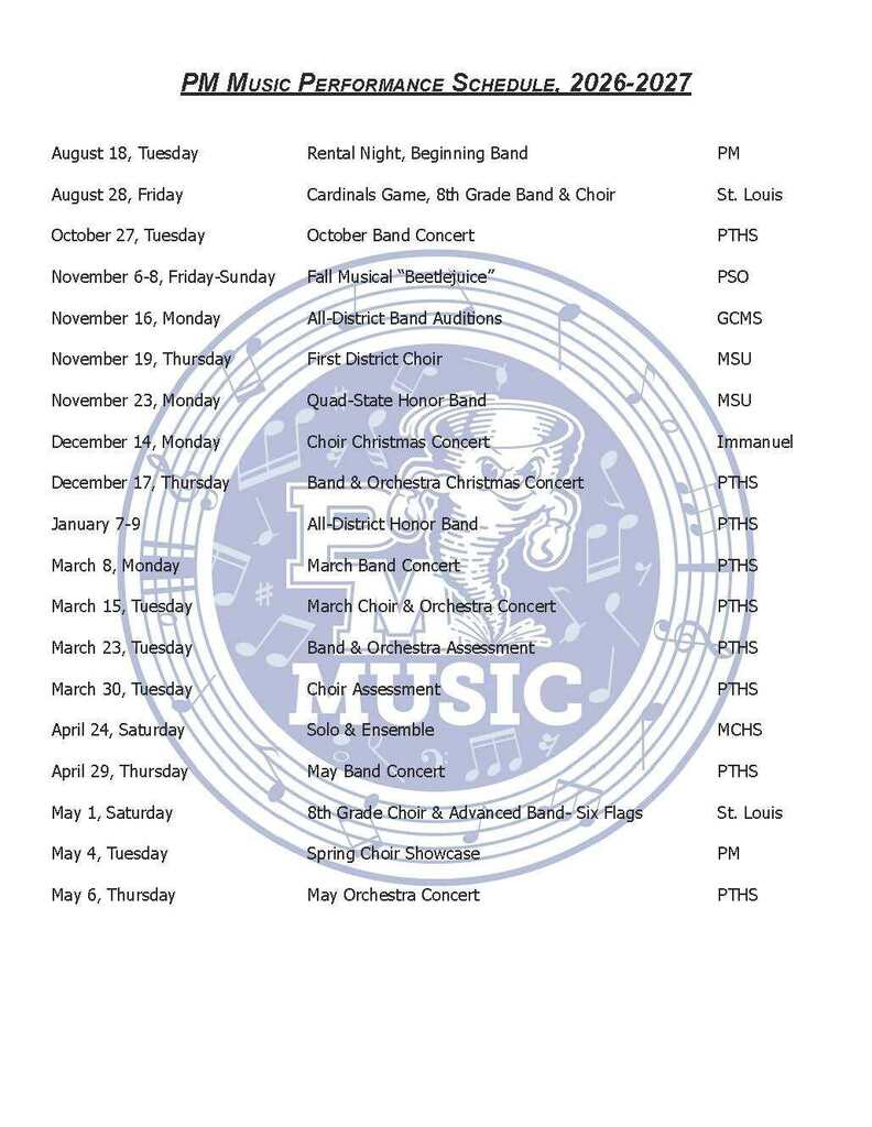 A page lists PM Music Performance Schedule 2026-2027, featuring dates and names of events in a spiral format.