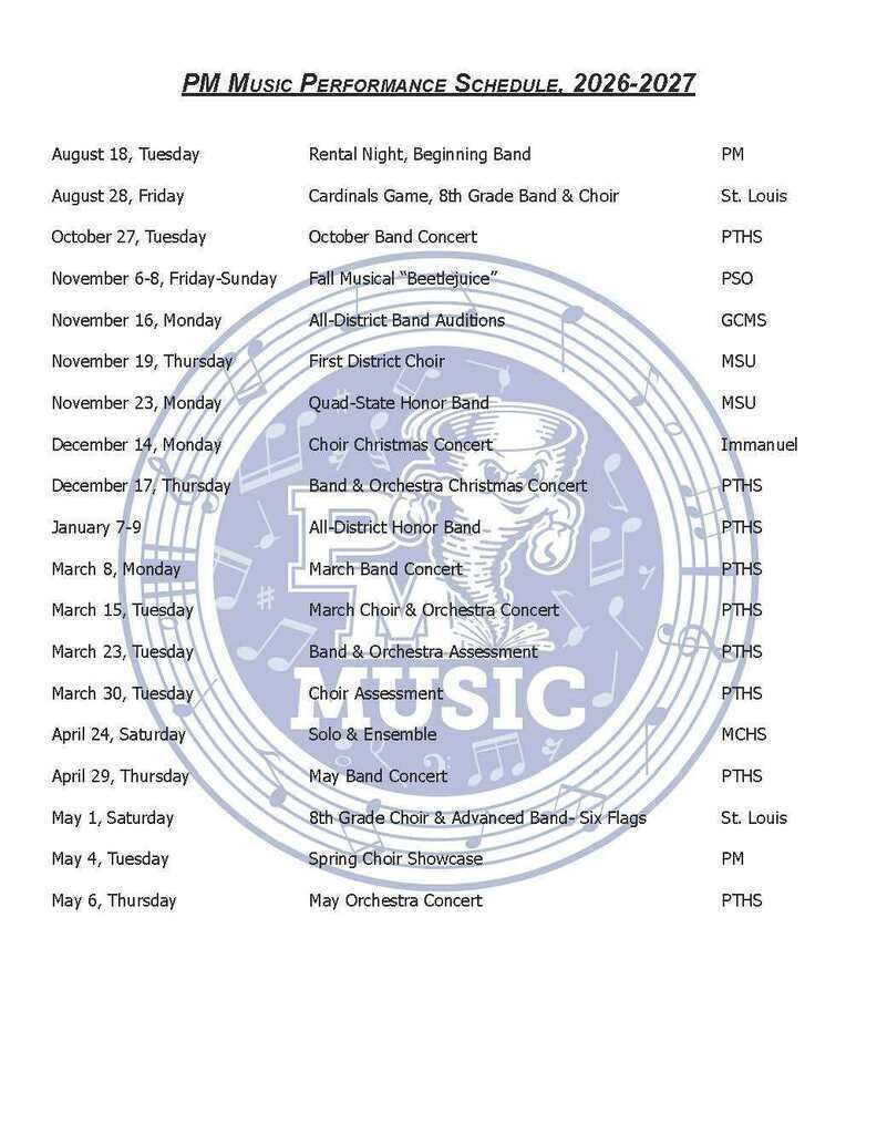 A page lists PM Music Performance Schedule 2026-2027, featuring dates and names of events in a spiral format.