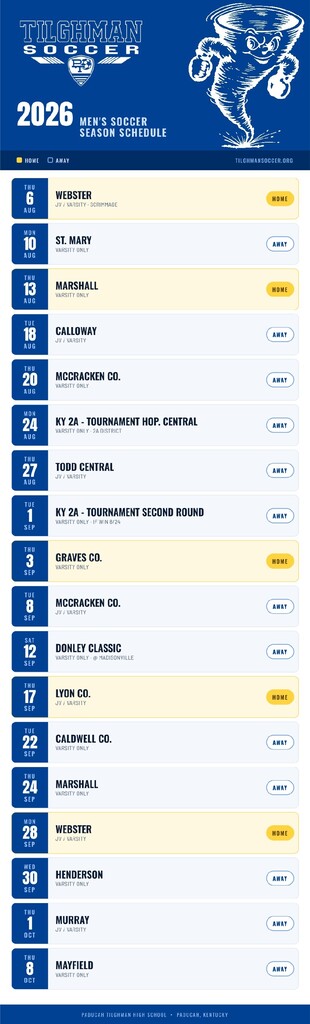 A blue and white schedule lists the 2026 men's soccer season with team names and dates.