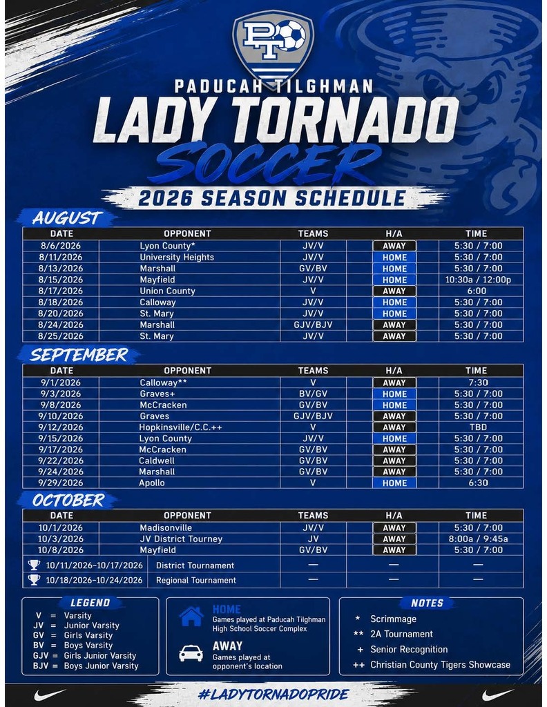 Blue background with a soccer schedule from August to October. The team is listed as "Lady Tornado".