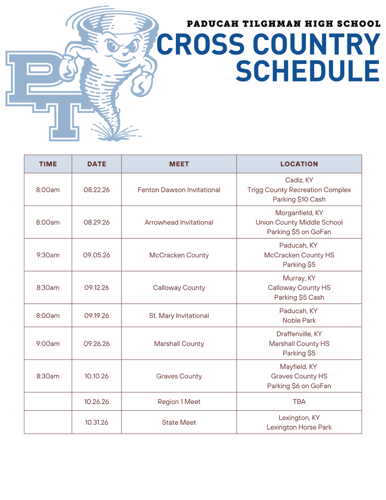 Cross country schedule for Paducah Tilghman High School, featuring times, dates, meet locations, and parking information.
