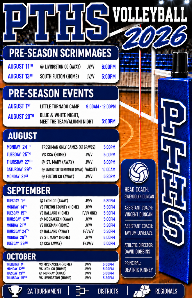Poster for PTHS Volleyball 2026, with scrimmage dates and times listed. Details include dates, times, and locations.
