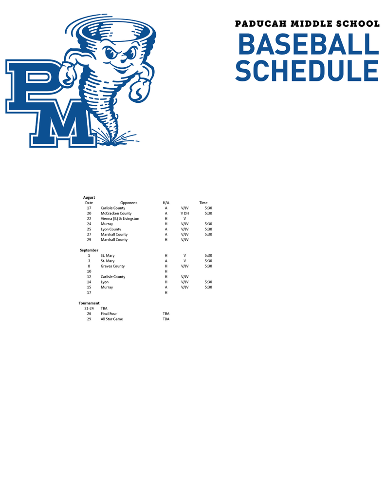Document with blue school logo and title "Paducah Middle School Baseball Schedule" on a white background.