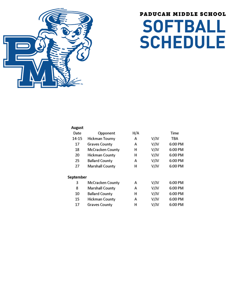 Document showing "Paducah Middle School Softball Schedule" with blue logo, dates, opponents, and times listed.