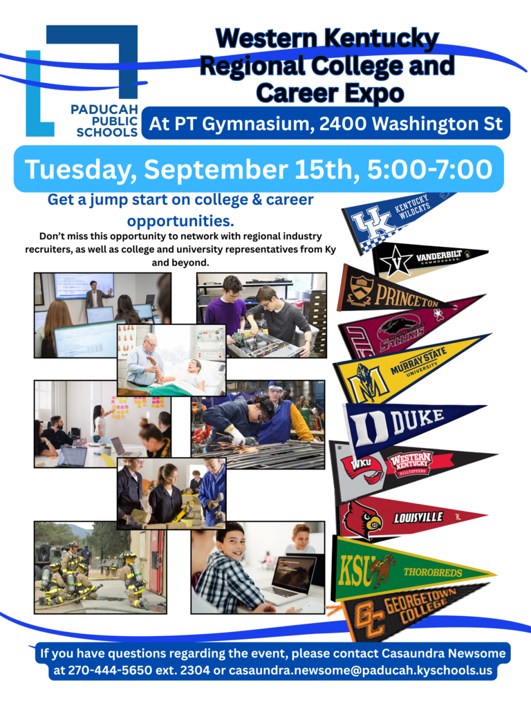 A collage of photos shows people at a college and career expo. Logos for various universities are displayed.