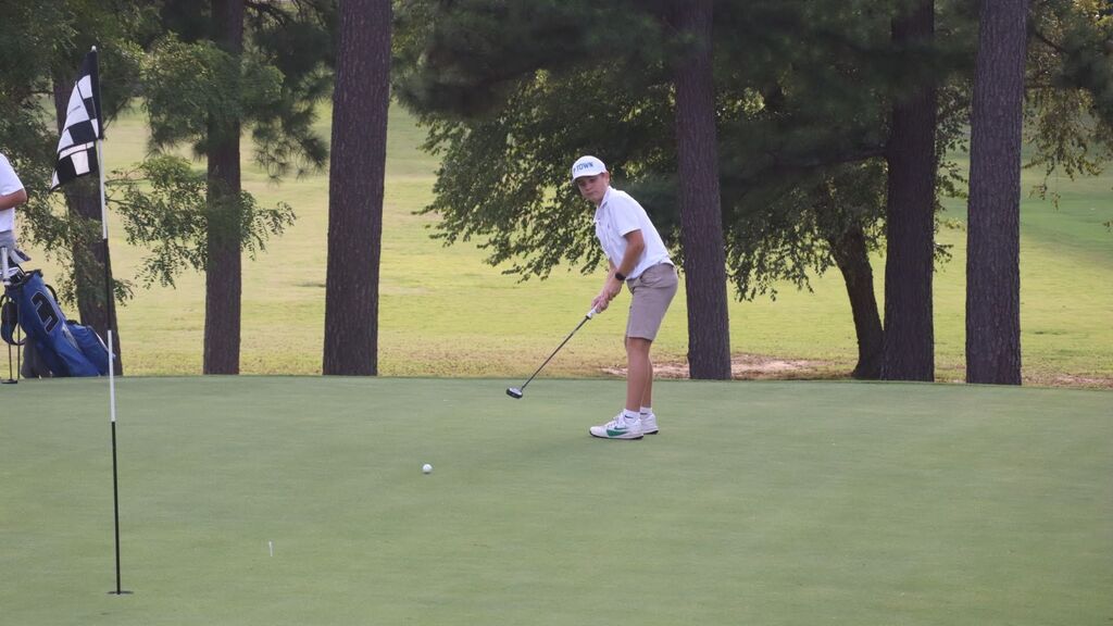 A golfer wearing a hat and sneakers stands on a green, holding a club, with a golf ball and flag in the background.