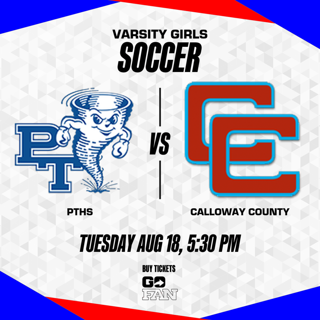 Poster showing a soccer match announcement. It reads "Varsity Girls Soccer". Logos for PTHS and Calloway County appear.