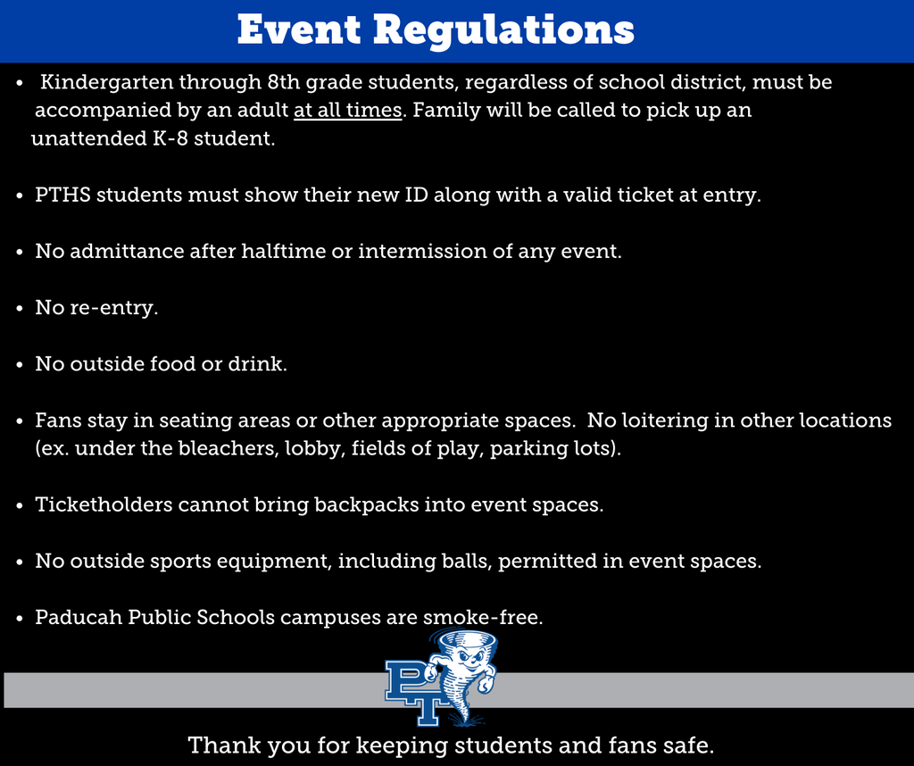 A page with the title "Event Regulations" lists rules for student attendance, food, drink, and equipment, including backpack restrictions.