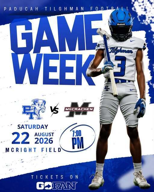Football player in uniform stands with bat. "GAME WEEK 3" written above. Date, time, location, and tickets info below.