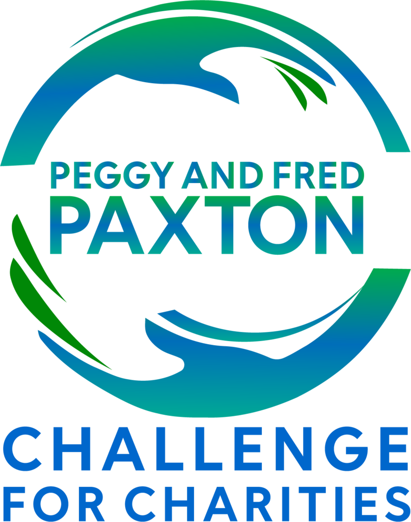 Circular logo with blue and green waves, text "PEGGY AND FRED PAXTON" in white, and "CHALLENGE FOR CHARITIES" below.