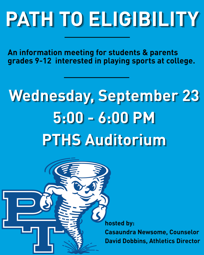 A blue flyer reads "Path to Eligibility" with a cartoon mascot. Date and time, location, and hosts listed.