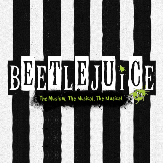 Black and white striped background with "Beetlejuice" in white text. Below is "The Musical" repeated three times.