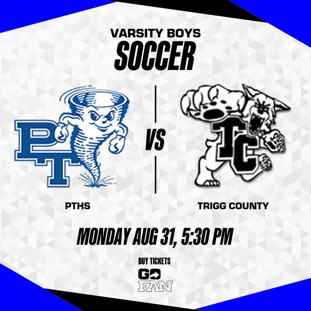 A sports event flyer featuring team logos and a date. Logos include a blue letter P with a funnel and a black dog.