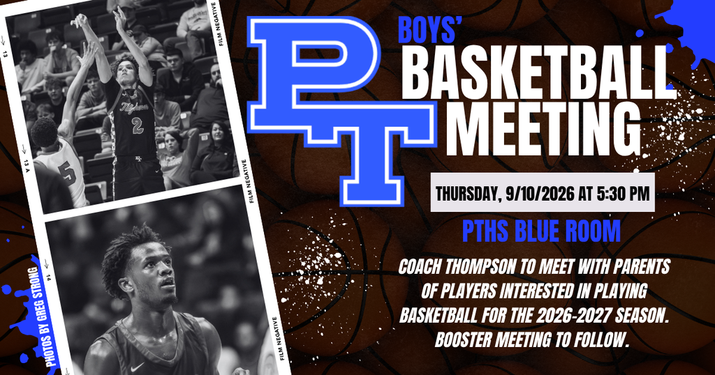 An event poster in blue and black featuring a basketball player, the text reads "Boys' Basketball Meeting" with details on date, time, and location.