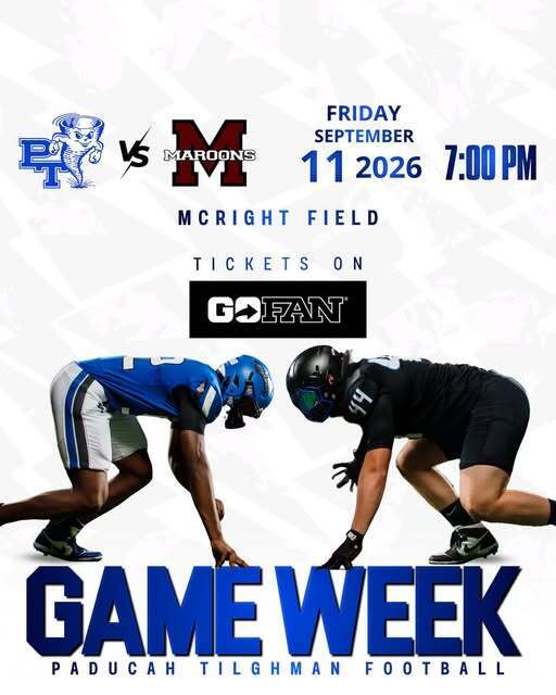 An advertisement shows two football players. One wears a blue uniform, the other wears black. "Game Week" and "Friday, September 11, 2026" appear.