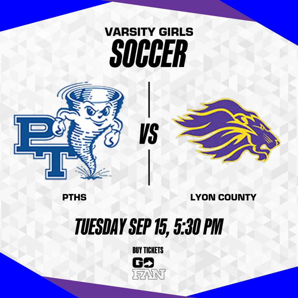 A poster for a soccer game between PTHS and Lyon County. Logos for both teams are present.