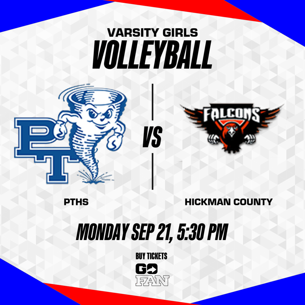 A sports event poster for a girls' volleyball game. Logos for PTHS and Hickman County. Date: Monday, Sep 21, 5:30 PM.