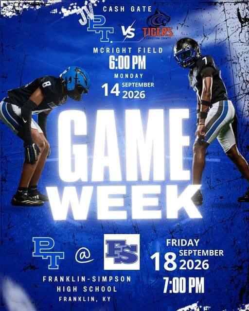 Poster with blue background. Two football players in gear. "Game Week" written above. Dates and times listed.