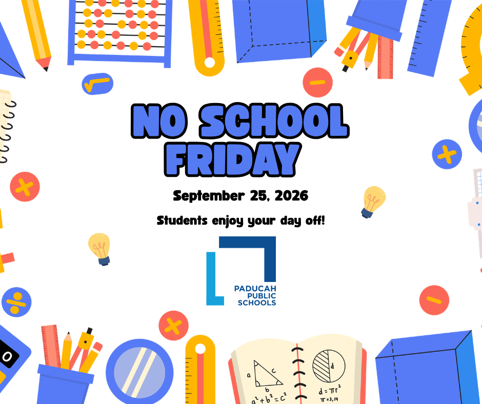 A white background displays the text "NO SCHOOL FRIDAY September 28, 2026 Students enjoy your day off" with scattered school items like pencils, a ruler, and a calculator.