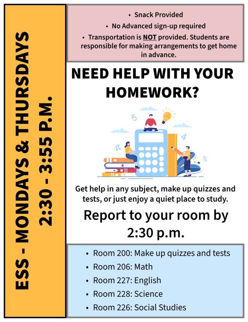 An information board with a colorful design shows a schedule for help with homework. Room numbers are listed with corresponding subjects.