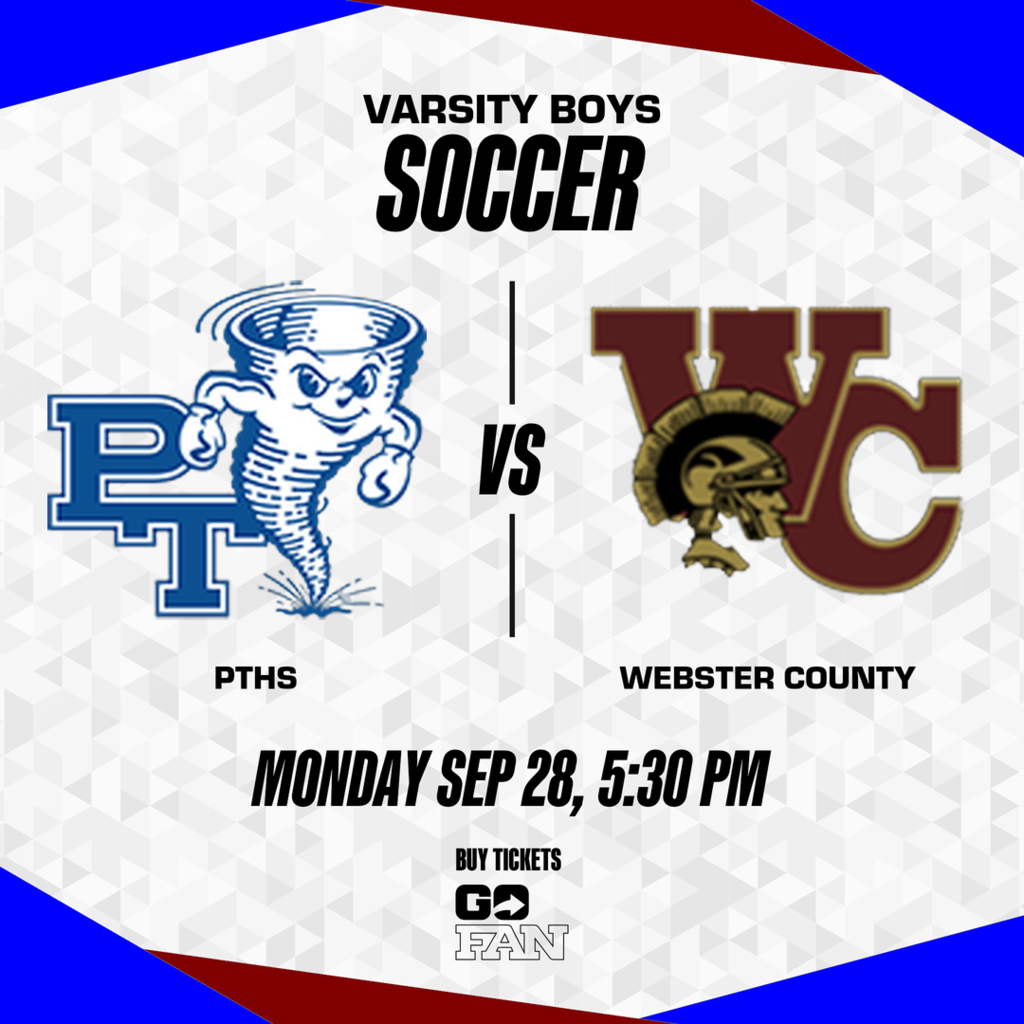 A white and blue graphic displays a soccer game with PTHS versus Webster County. Logos for both teams are shown.