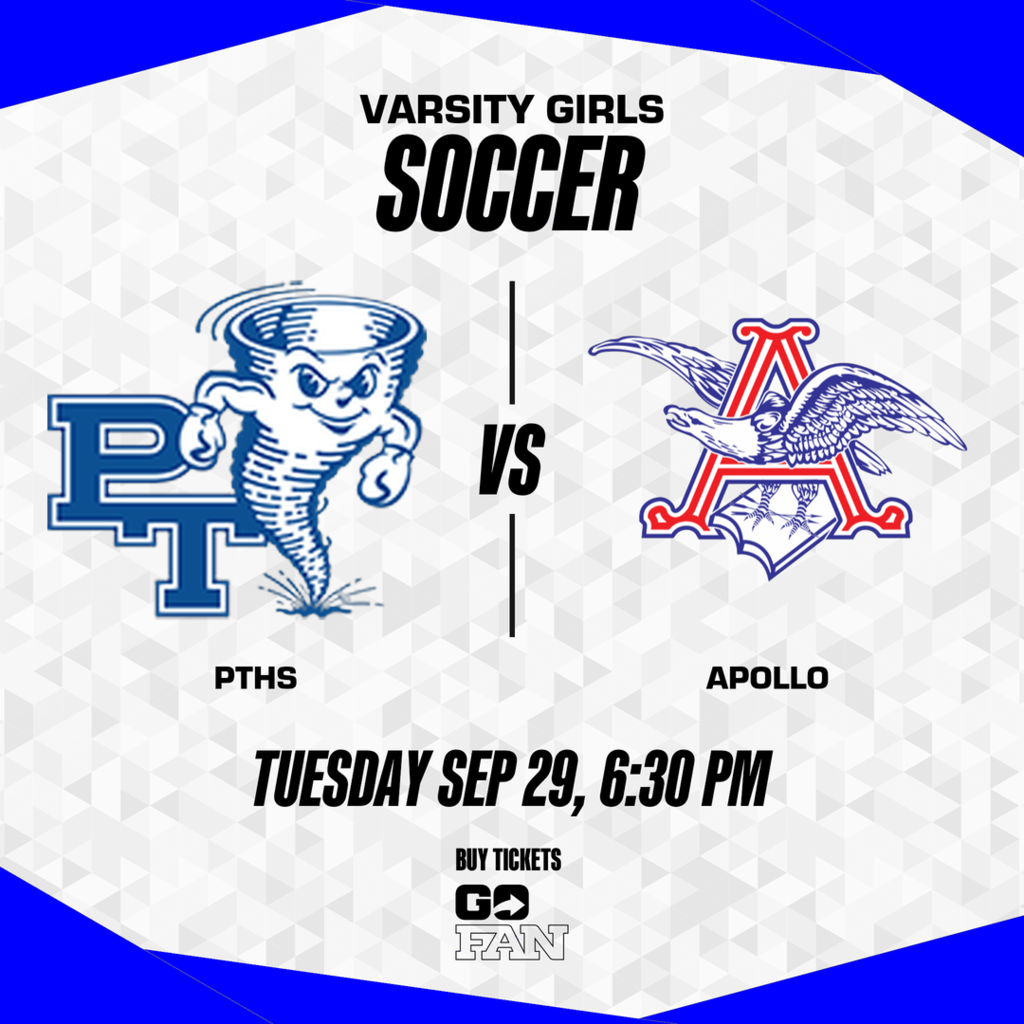Poster shows varsity girls soccer match between PTHS and Apollo. Logos and match date/time are displayed.