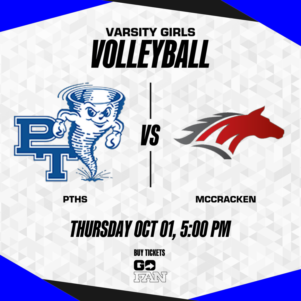 Poster for a volleyball match between PTHS and McCracken. Logos for PTHS and McCracken. Date: Thursday, October 1, time: 5:00 PM.