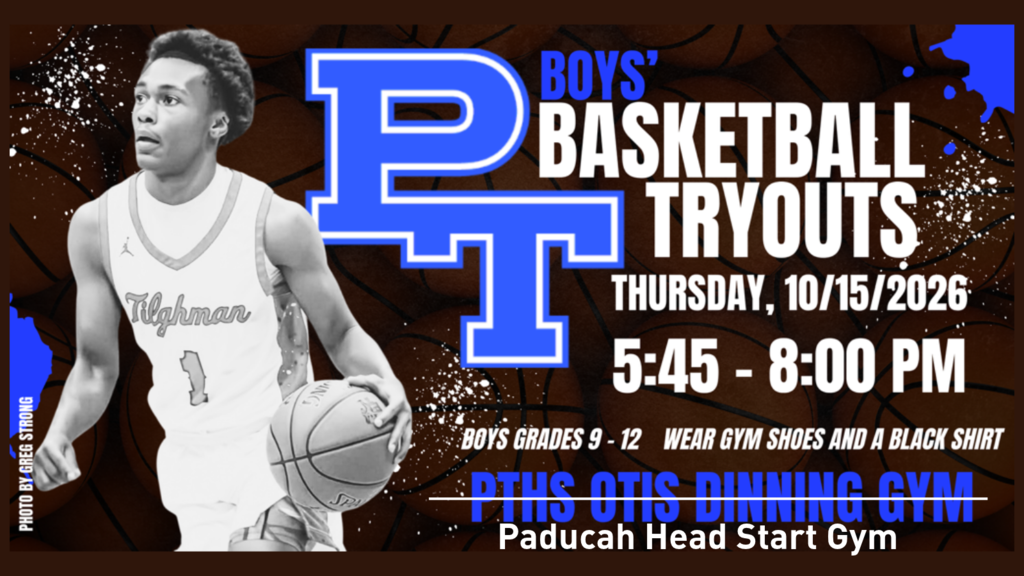 Poster for basketball tryouts features a player holding a ball. Background has basketball theme.