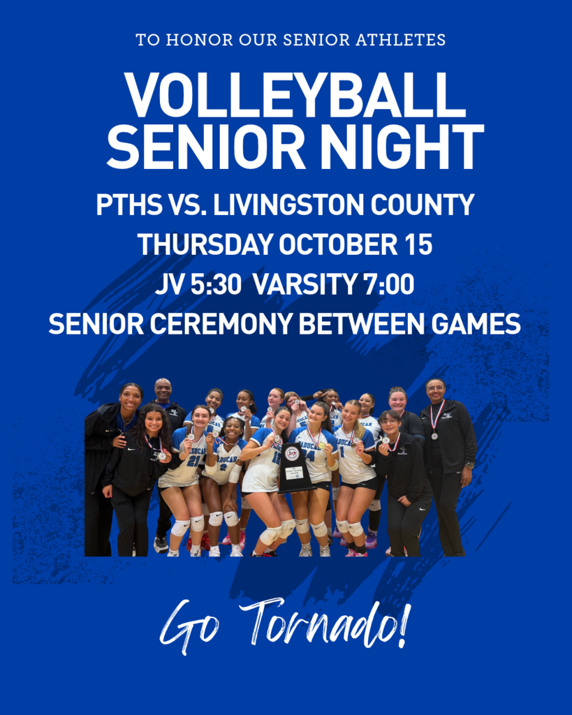 Blue flyer for "Volleyball Senior Night" featuring a team of female volleyball players with coaches, and text.