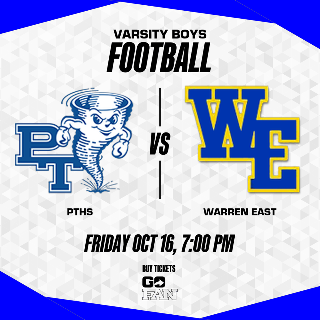 A graphic announces a varsity boys football match between PTHS and Warren East. Logos for both teams are shown.