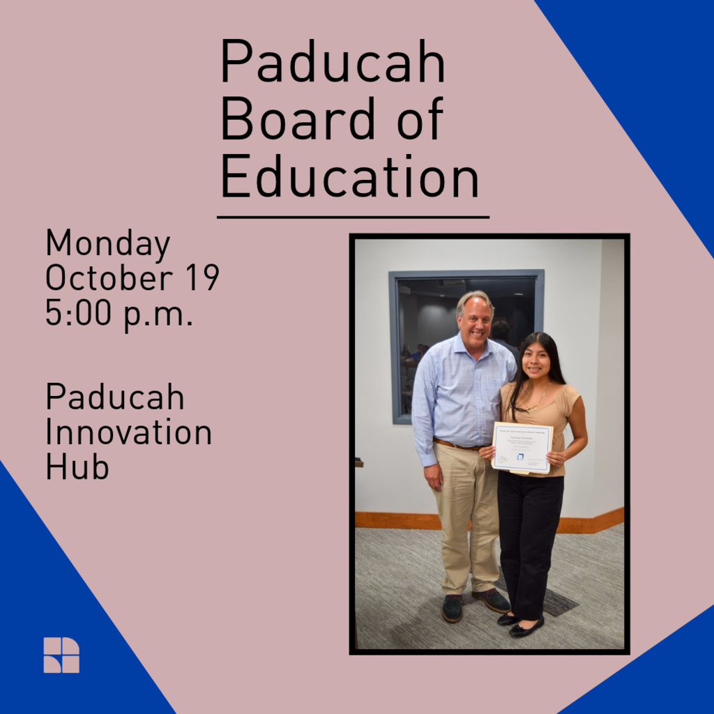 Man and woman in office holding a certificate. Pink and blue background with text.