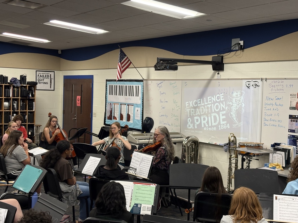 Classroom with stringed instruments; a group of students and adults seated around them, with one person playing.