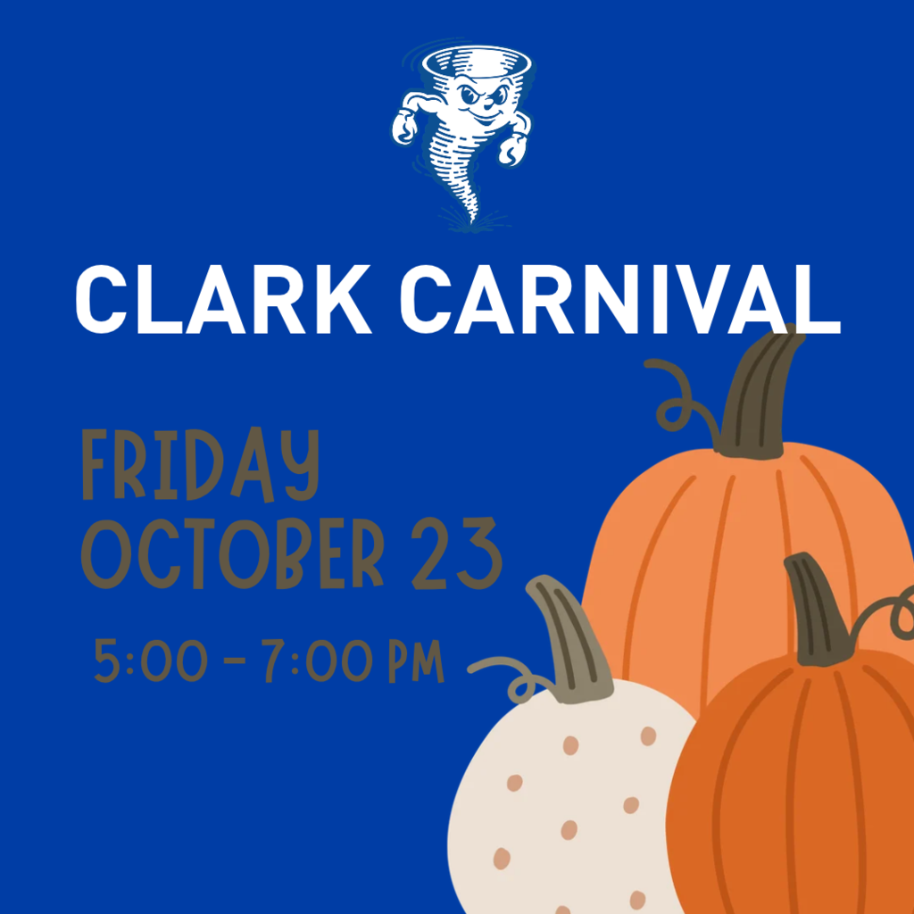 Blue background with "Clark Carnival" text above three pumpkins, one solid orange, one dotted white, and one with a stem.