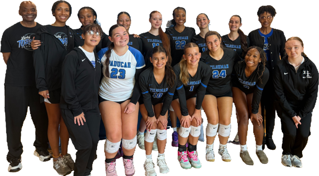 Volleyball team poses with coach; players wear black, white, or blue jerseys and shorts.