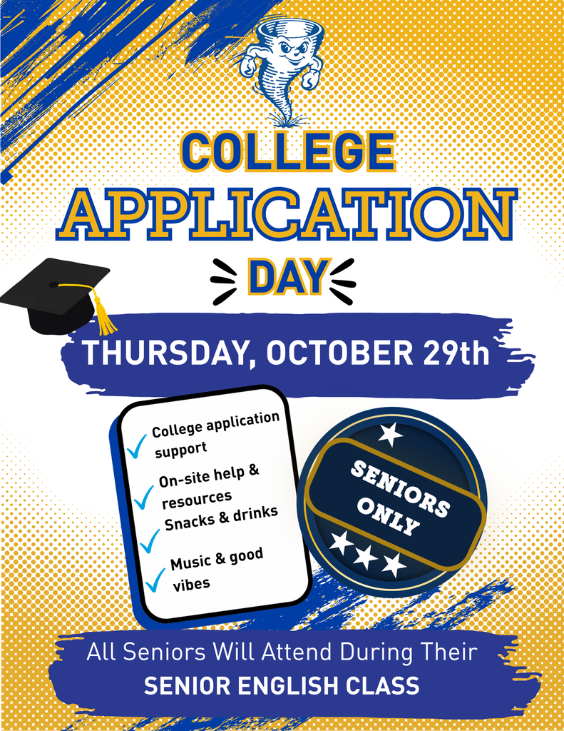 Blue and yellow banner with a graduation cap. Text reads "College Application Day" and "Thursday, October 29th".